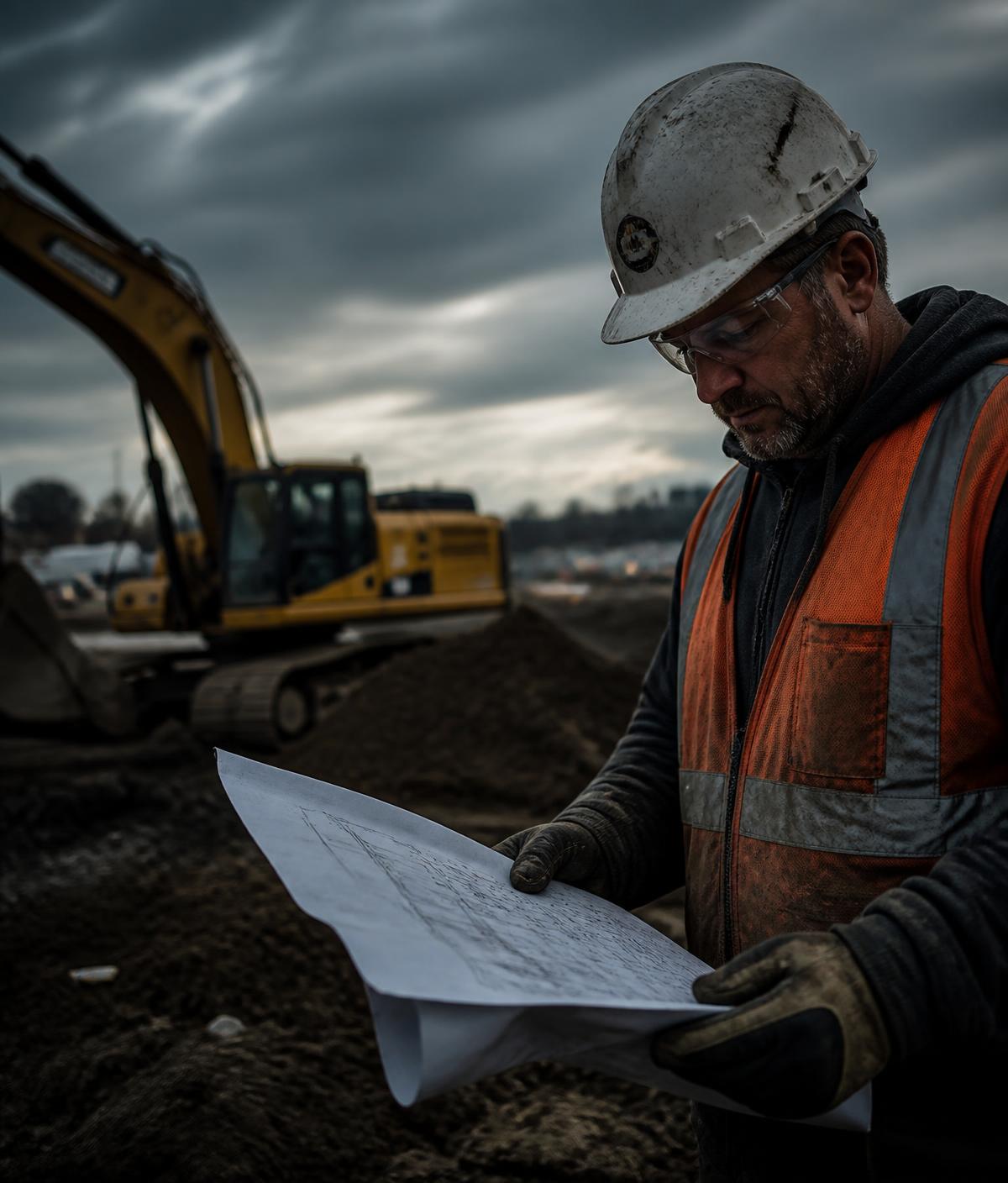 PXG Siteworks site supervisor reviewing grading plans beside an excavator