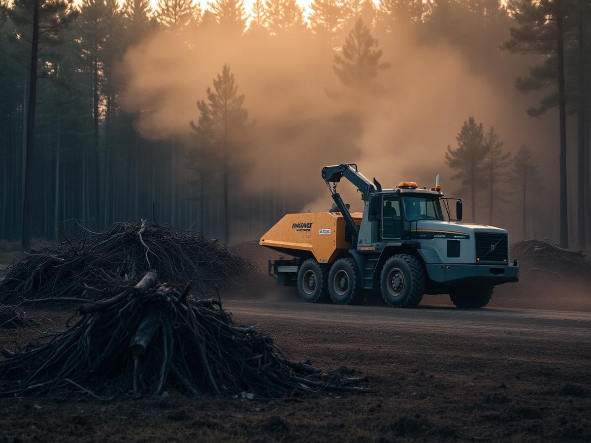 Forestry equipment clearing pine trees and brush on a large lot