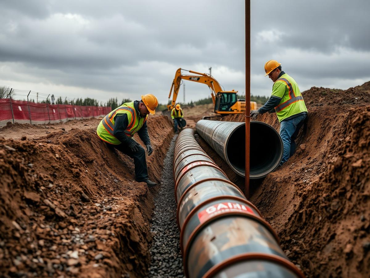 Crew installing large stormwater drainage pipe in an open trench