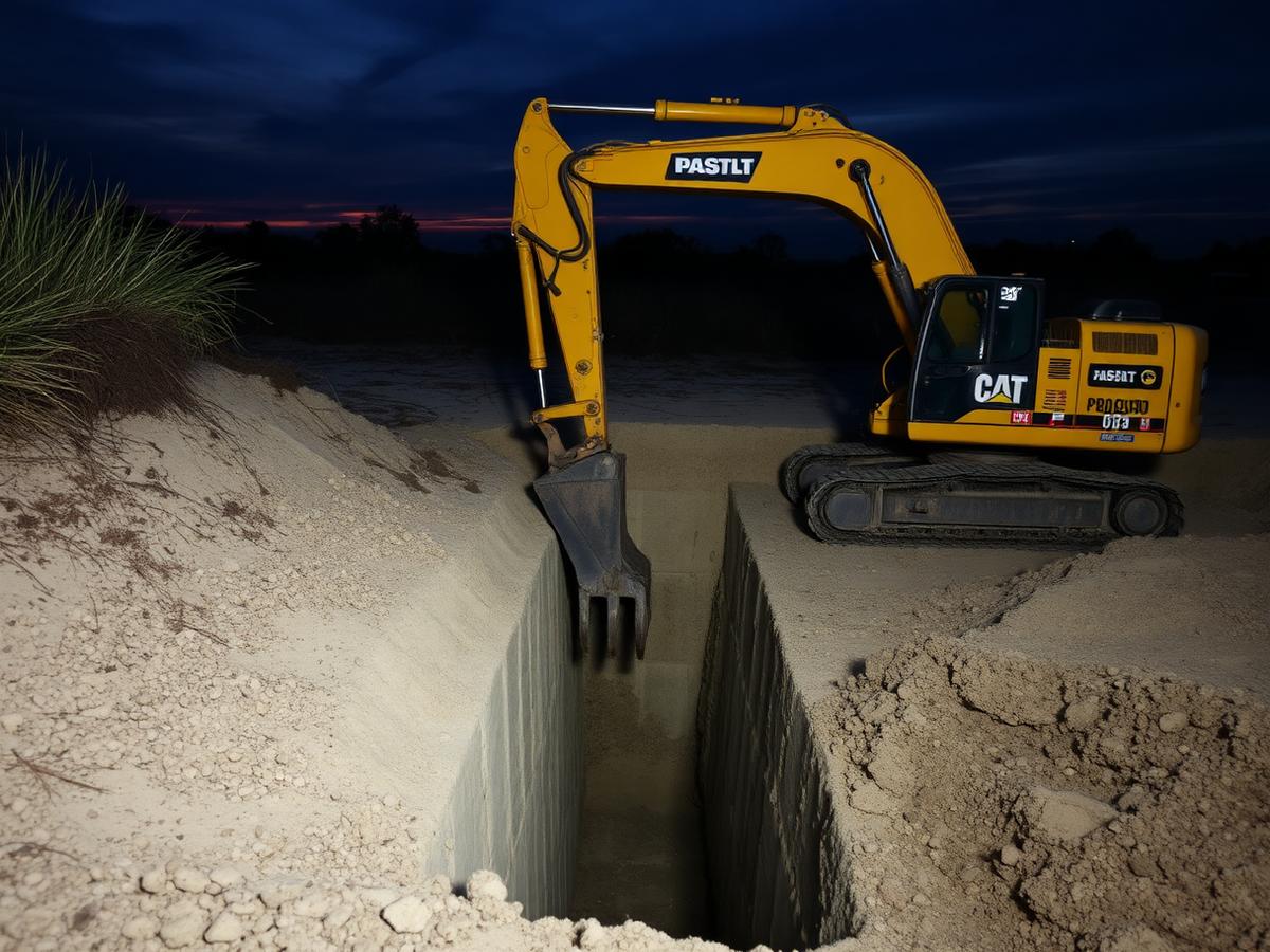 Excavator digging a deep foundation trench in coastal sandy soil