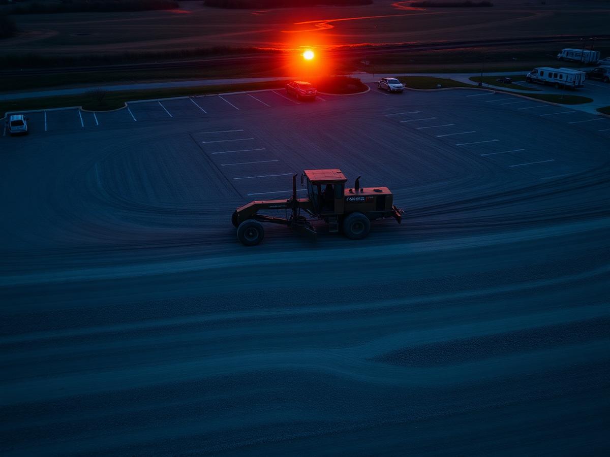 Motor grader finishing a large parking lot subgrade at sunset