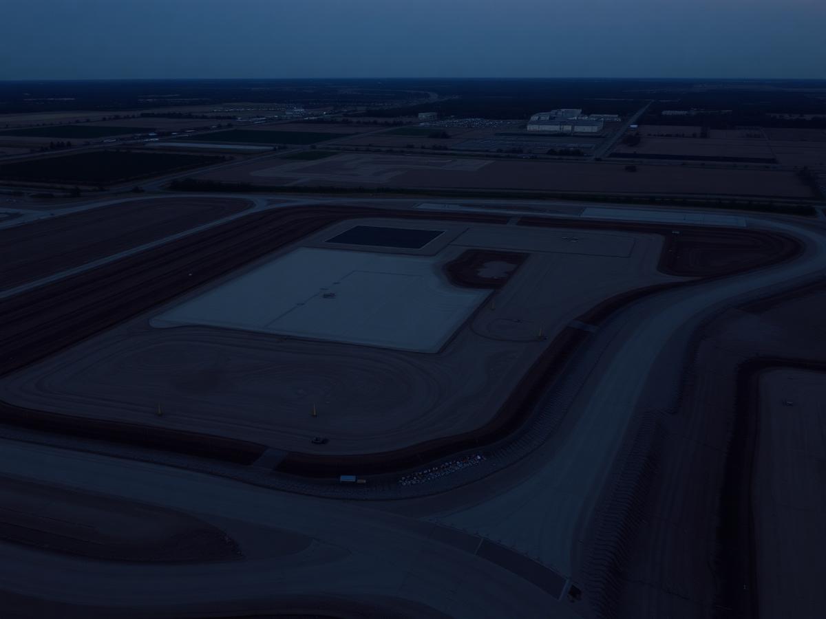 Aerial view of a graded 15-acre commercial development pad at dusk