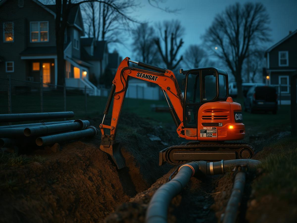 Mini excavator digging a residential utility and septic trench at dusk